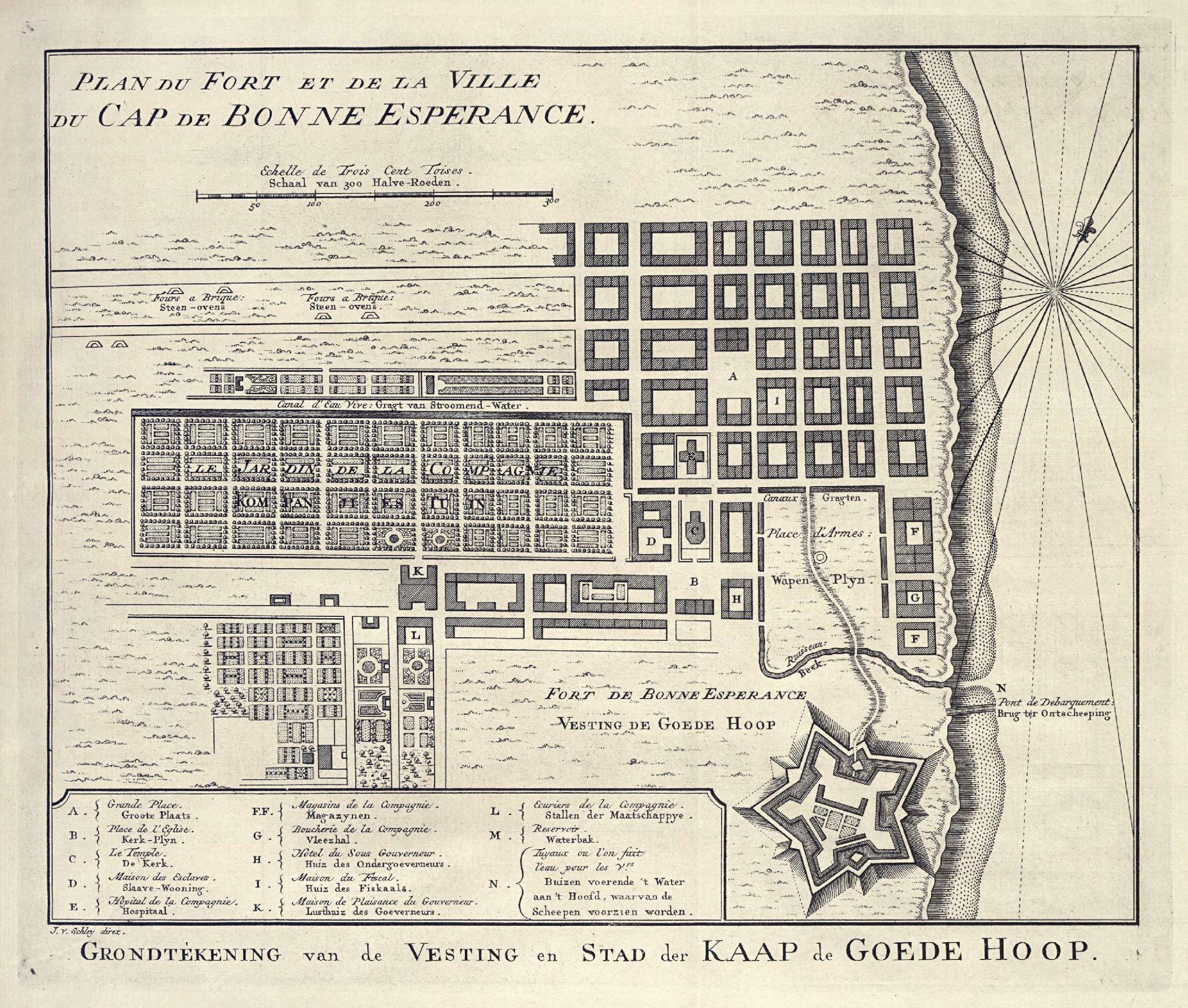 Kaart van Kaapstad en Fort Kaap de Goede Hoop door Jacob van der Schley. Beeld: Koninklijke Bibliotheek.